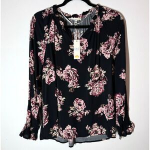 C&C California Blouse Sz M New Long Slv Black Floral Career Casual Feminine Soft